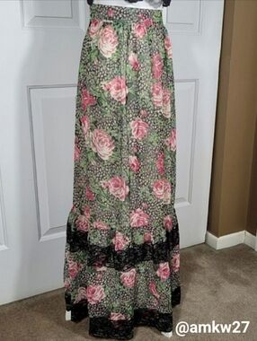 Floral Chiffon & Black Lace Maxi Skirt Pink Roses Size Large